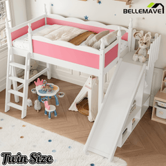 Bellemave® Kids Loft Bed with Storage Shelves & Wardrobe, Solid Wood Loft Bed Frame with Detachable Slide & Ladder for Girls & Boys - Bellemave