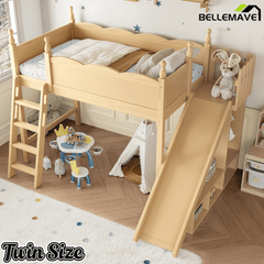 Bellemave® Kids Loft Bed with Storage Shelves & Wardrobe, Solid Wood Loft Bed Frame with Detachable Slide & Ladder for Girls & Boys - Bellemave