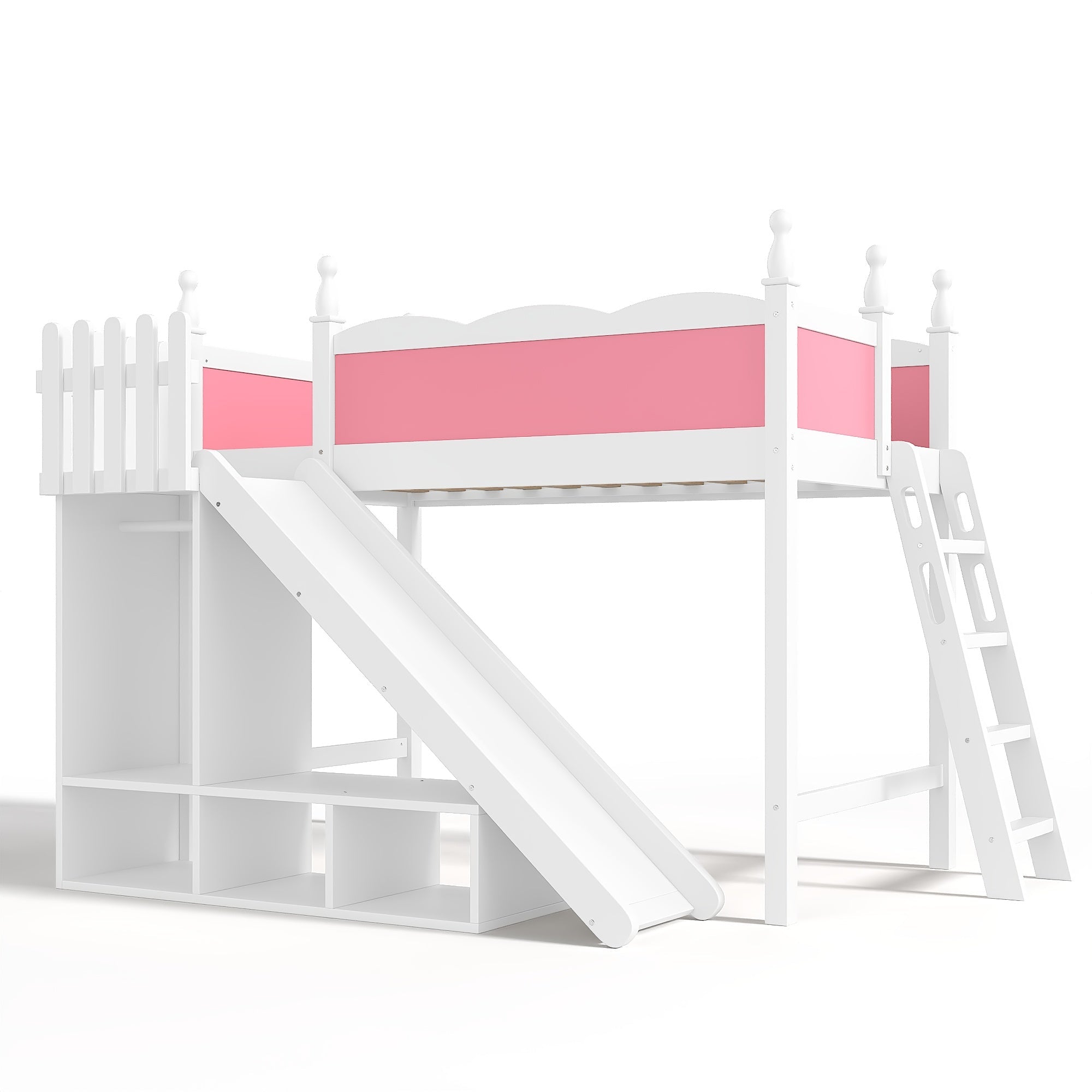 Bellemave® Kids Loft Bed with Storage Shelves & Wardrobe, Solid Wood Loft Bed Frame with Detachable Slide & Ladder for Girls & Boys - Bellemave