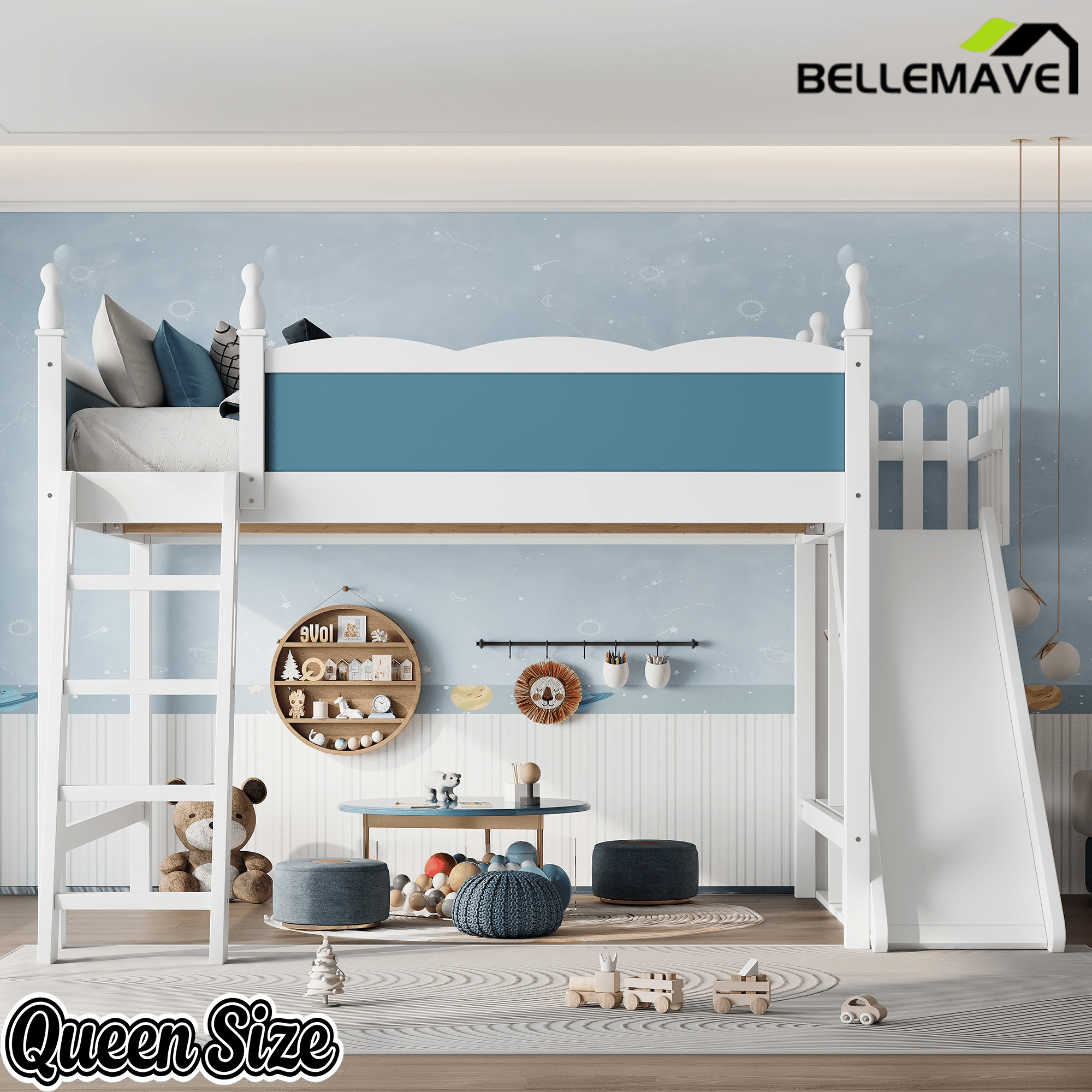 Bellemave® Kids Loft Bed with Storage Shelves & Wardrobe, Solid Wood Loft Bed Frame with Detachable Slide & Ladder for Girls & Boys - Bellemave