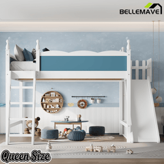 Bellemave® Kids Loft Bed with Storage Shelves & Wardrobe, Solid Wood Loft Bed Frame with Detachable Slide & Ladder for Girls & Boys - Bellemave