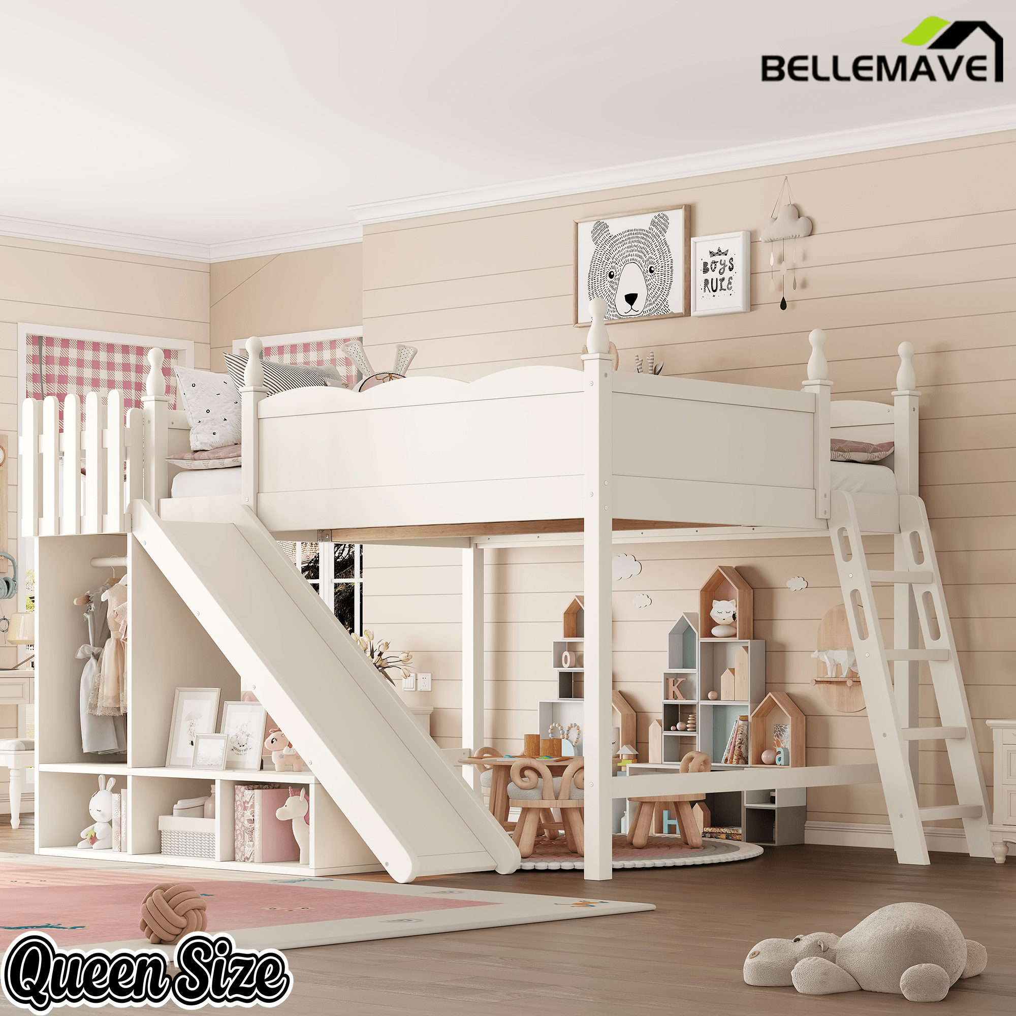 Bellemave® Kids Loft Bed with Storage Shelves & Wardrobe, Solid Wood Loft Bed Frame with Detachable Slide & Ladder for Girls & Boys - Bellemave
