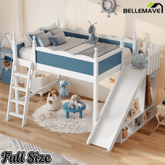 Bellemave® Kids Loft Bed with Storage Shelves & Wardrobe, Solid Wood Loft Bed Frame with Detachable Slide & Ladder for Girls & Boys - Bellemave