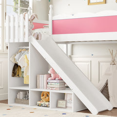 Bellemave® Kids Loft Bed with Storage Shelves & Wardrobe, Solid Wood Loft Bed Frame with Detachable Slide & Ladder for Girls & Boys - Bellemave