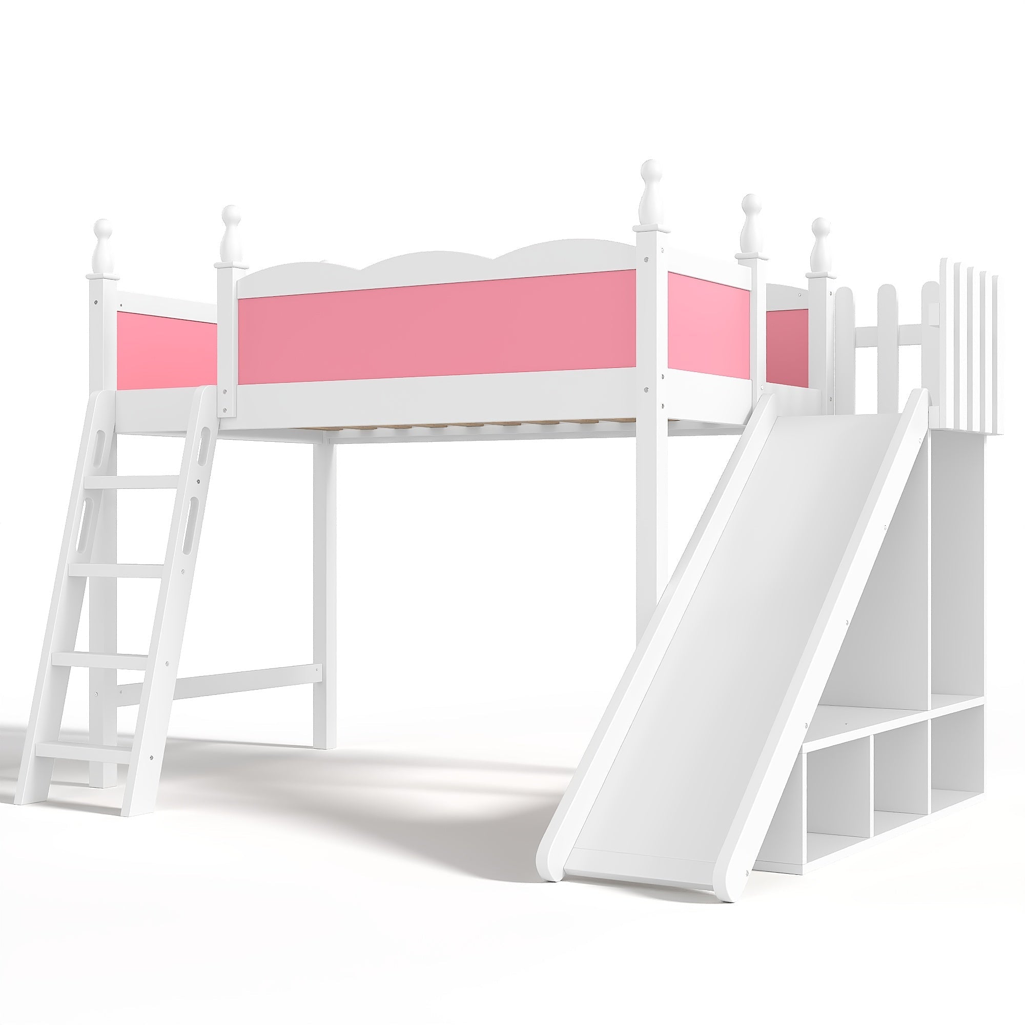 Bellemave® Kids Loft Bed with Storage Shelves & Wardrobe, Solid Wood Loft Bed Frame with Detachable Slide & Ladder for Girls & Boys - Bellemave