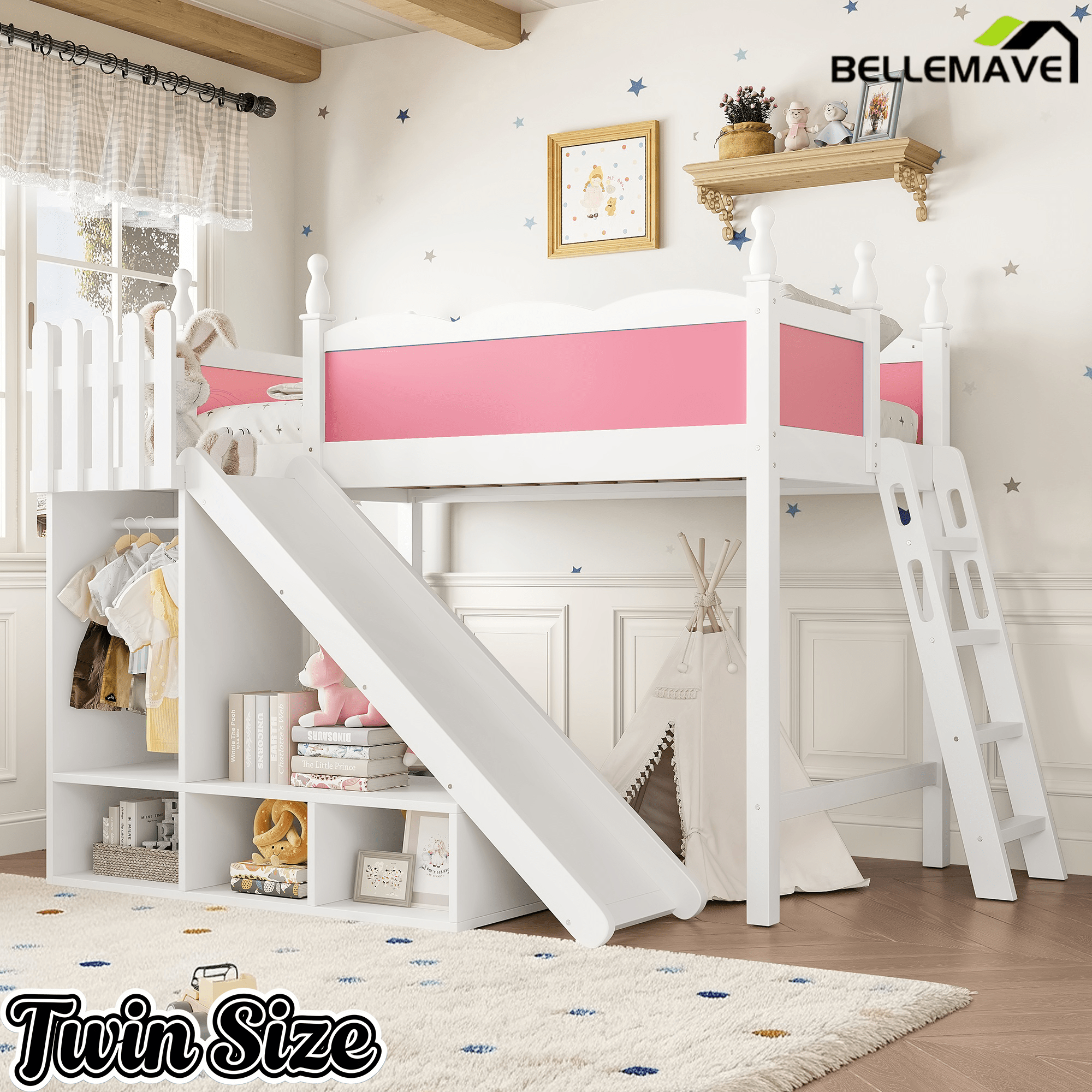 Bellemave® Kids Loft Bed with Storage Shelves & Wardrobe, Solid Wood Loft Bed Frame with Detachable Slide & Ladder for Girls & Boys - Bellemave