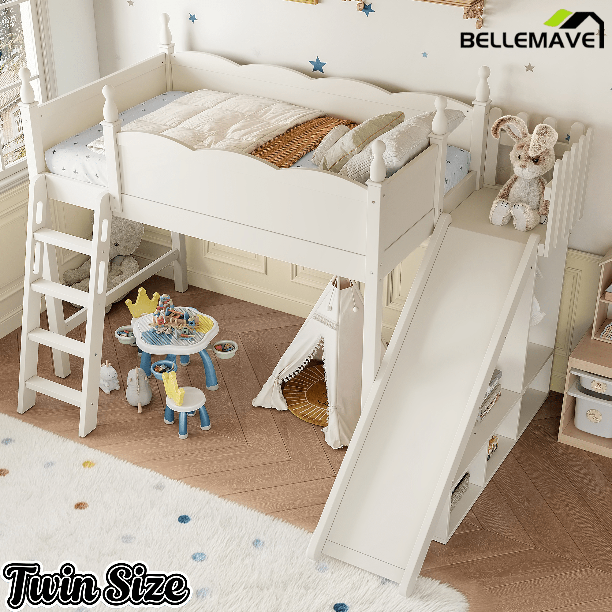 Bellemave® Kids Loft Bed with Storage Shelves & Wardrobe, Solid Wood Loft Bed Frame with Detachable Slide & Ladder for Girls & Boys - Bellemave