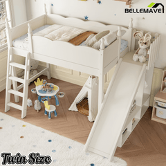 Bellemave® Kids Loft Bed with Storage Shelves & Wardrobe, Solid Wood Loft Bed Frame with Detachable Slide & Ladder for Girls & Boys - Bellemave