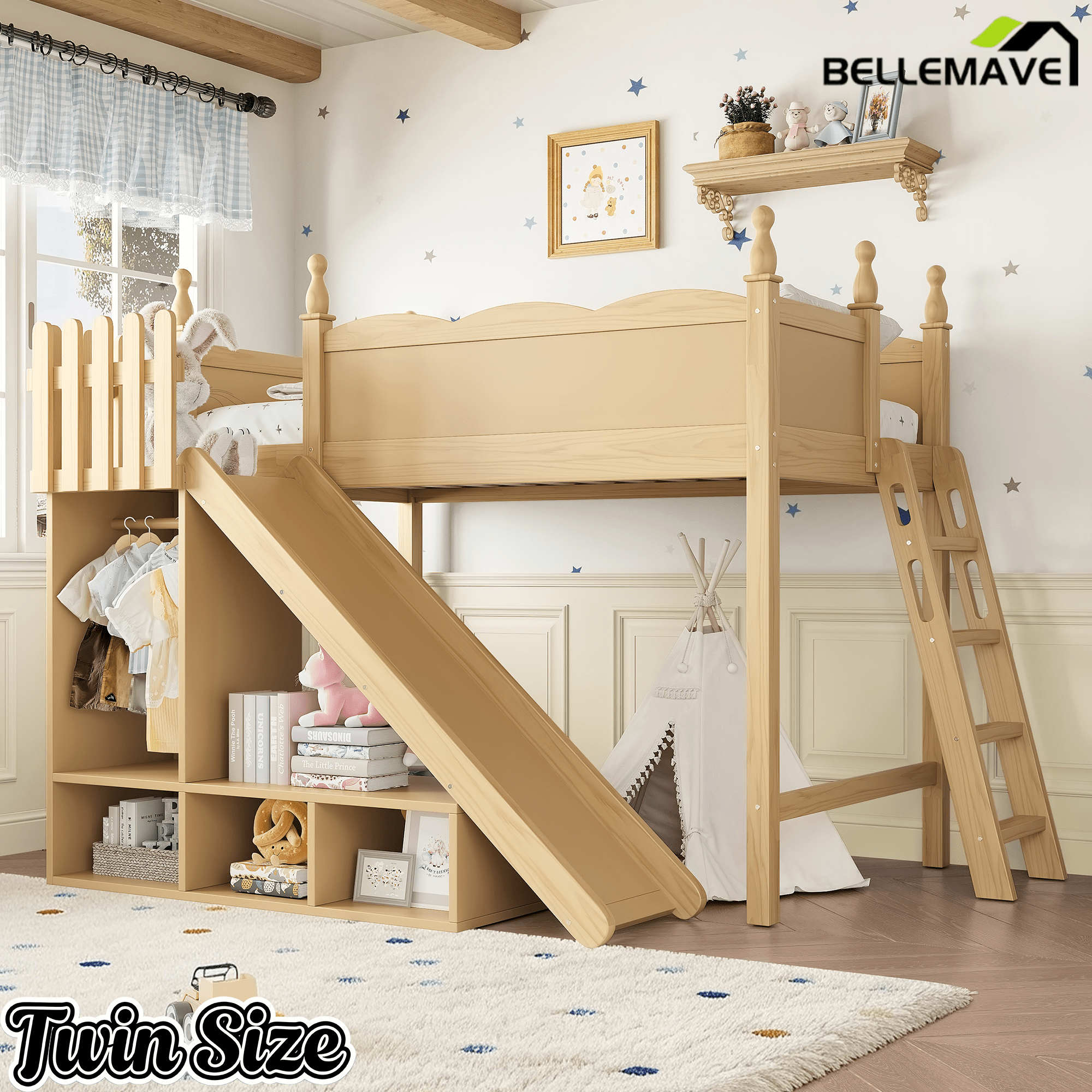 Bellemave® Kids Loft Bed with Storage Shelves & Wardrobe, Solid Wood Loft Bed Frame with Detachable Slide & Ladder for Girls & Boys - Bellemave