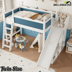 Bellemave® Kids Loft Bed with Storage Shelves & Wardrobe, Solid Wood Loft Bed Frame with Detachable Slide & Ladder for Girls & Boys - Bellemave