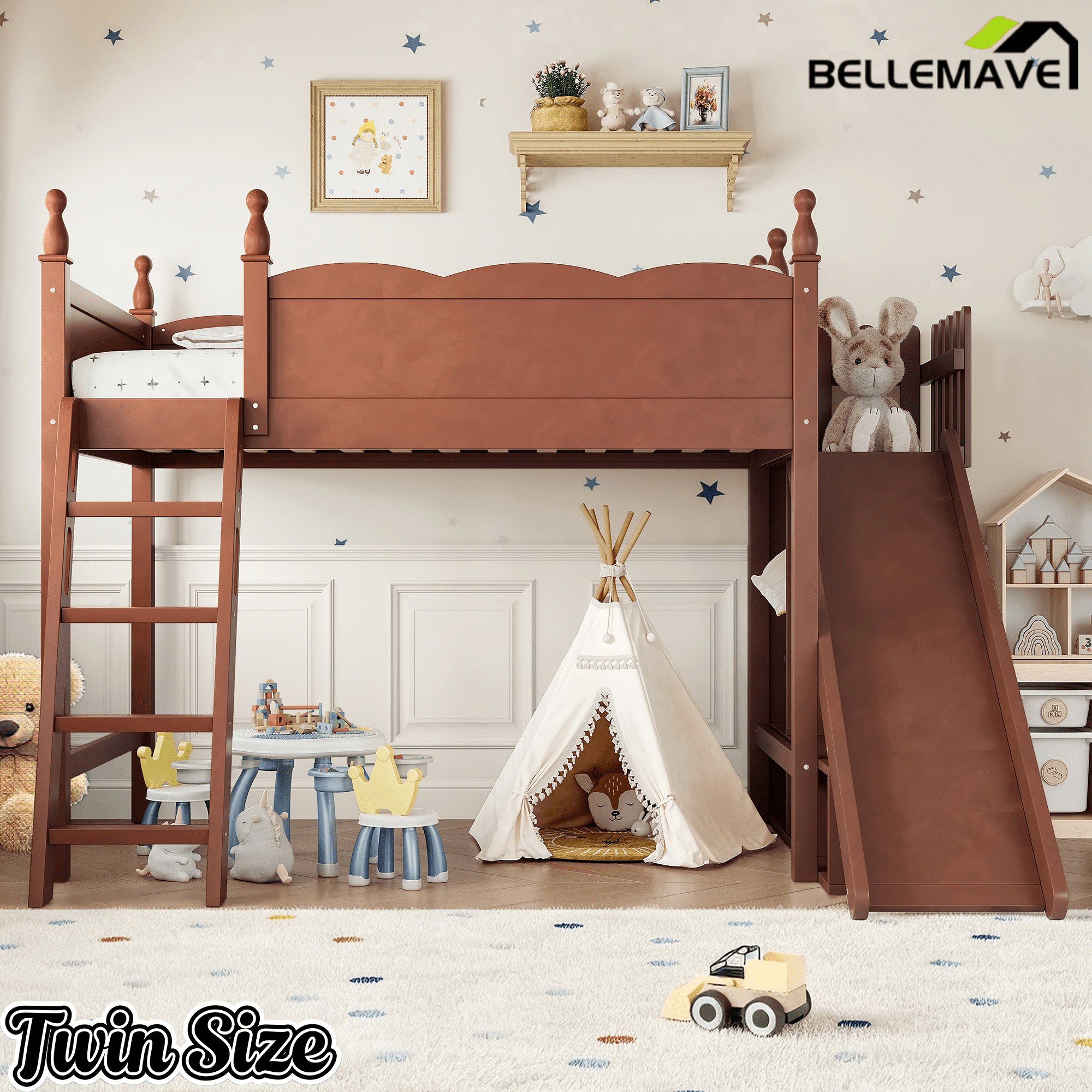 Bellemave® Kids Loft Bed with Storage Shelves & Wardrobe, Solid Wood Loft Bed Frame with Detachable Slide & Ladder for Girls & Boys - Bellemave