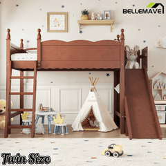 Bellemave® Kids Loft Bed with Storage Shelves & Wardrobe, Solid Wood Loft Bed Frame with Detachable Slide & Ladder for Girls & Boys - Bellemave