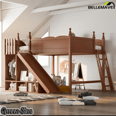 Bellemave® Kids Loft Bed with Storage Shelves & Wardrobe, Solid Wood Loft Bed Frame with Detachable Slide & Ladder for Girls & Boys - Bellemave