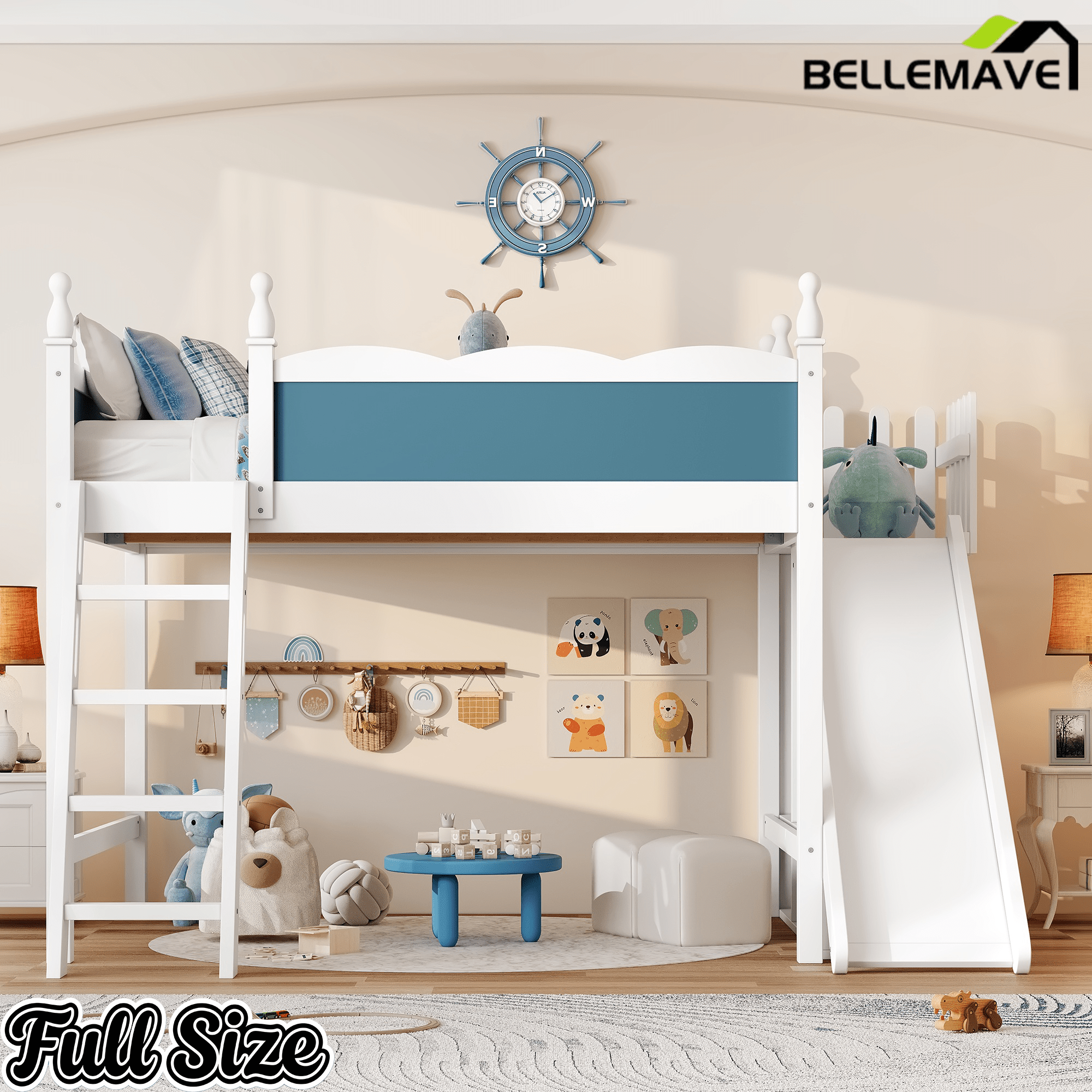 Bellemave® Kids Loft Bed with Storage Shelves & Wardrobe, Solid Wood Loft Bed Frame with Detachable Slide & Ladder for Girls & Boys - Bellemave