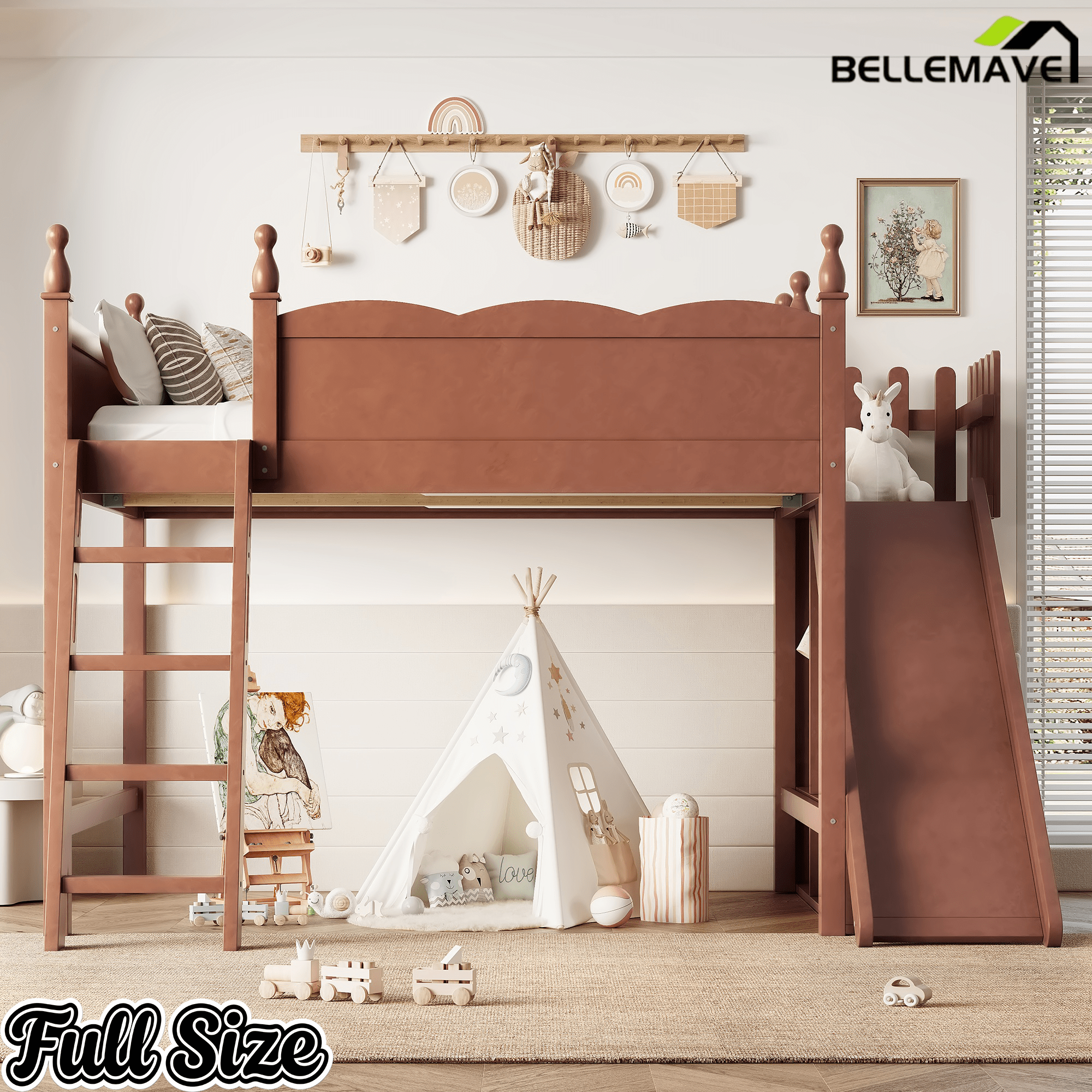 Bellemave® Kids Loft Bed with Storage Shelves & Wardrobe, Solid Wood Loft Bed Frame with Detachable Slide & Ladder for Girls & Boys - Bellemave