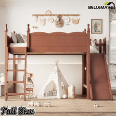 Bellemave® Kids Loft Bed with Storage Shelves & Wardrobe, Solid Wood Loft Bed Frame with Detachable Slide & Ladder for Girls & Boys - Bellemave