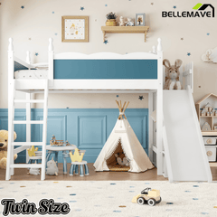 Bellemave® Kids Loft Bed with Storage Shelves & Wardrobe, Solid Wood Loft Bed Frame with Detachable Slide & Ladder for Girls & Boys - Bellemave