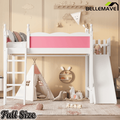 Bellemave® Kids Loft Bed with Storage Shelves & Wardrobe, Solid Wood Loft Bed Frame with Detachable Slide & Ladder for Girls & Boys - Bellemave