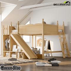 Bellemave® Kids Loft Bed with Storage Shelves & Wardrobe, Solid Wood Loft Bed Frame with Detachable Slide & Ladder for Girls & Boys - Bellemave
