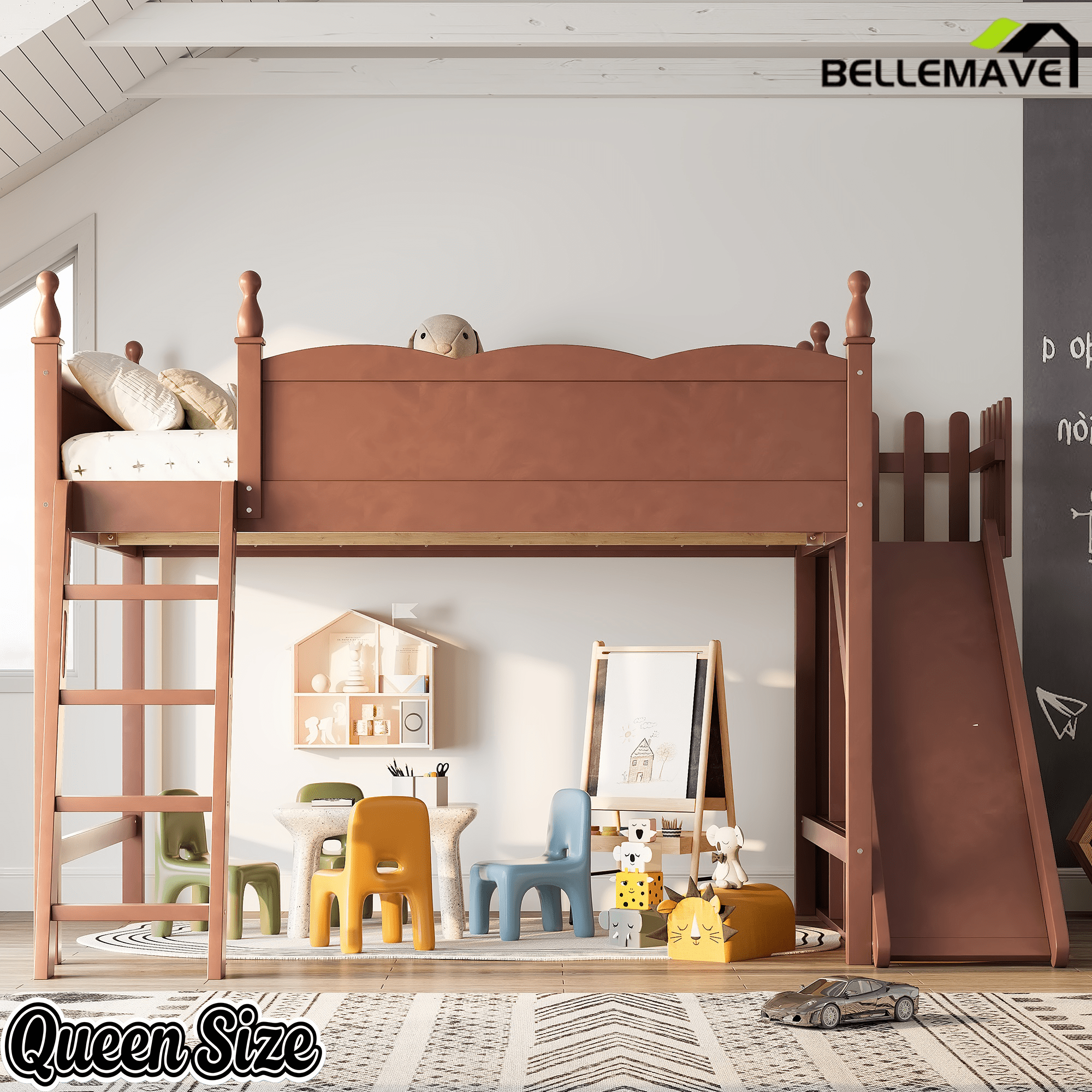 Bellemave® Kids Loft Bed with Storage Shelves & Wardrobe, Solid Wood Loft Bed Frame with Detachable Slide & Ladder for Girls & Boys - Bellemave