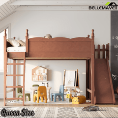 Bellemave® Kids Loft Bed with Storage Shelves & Wardrobe, Solid Wood Loft Bed Frame with Detachable Slide & Ladder for Girls & Boys - Bellemave