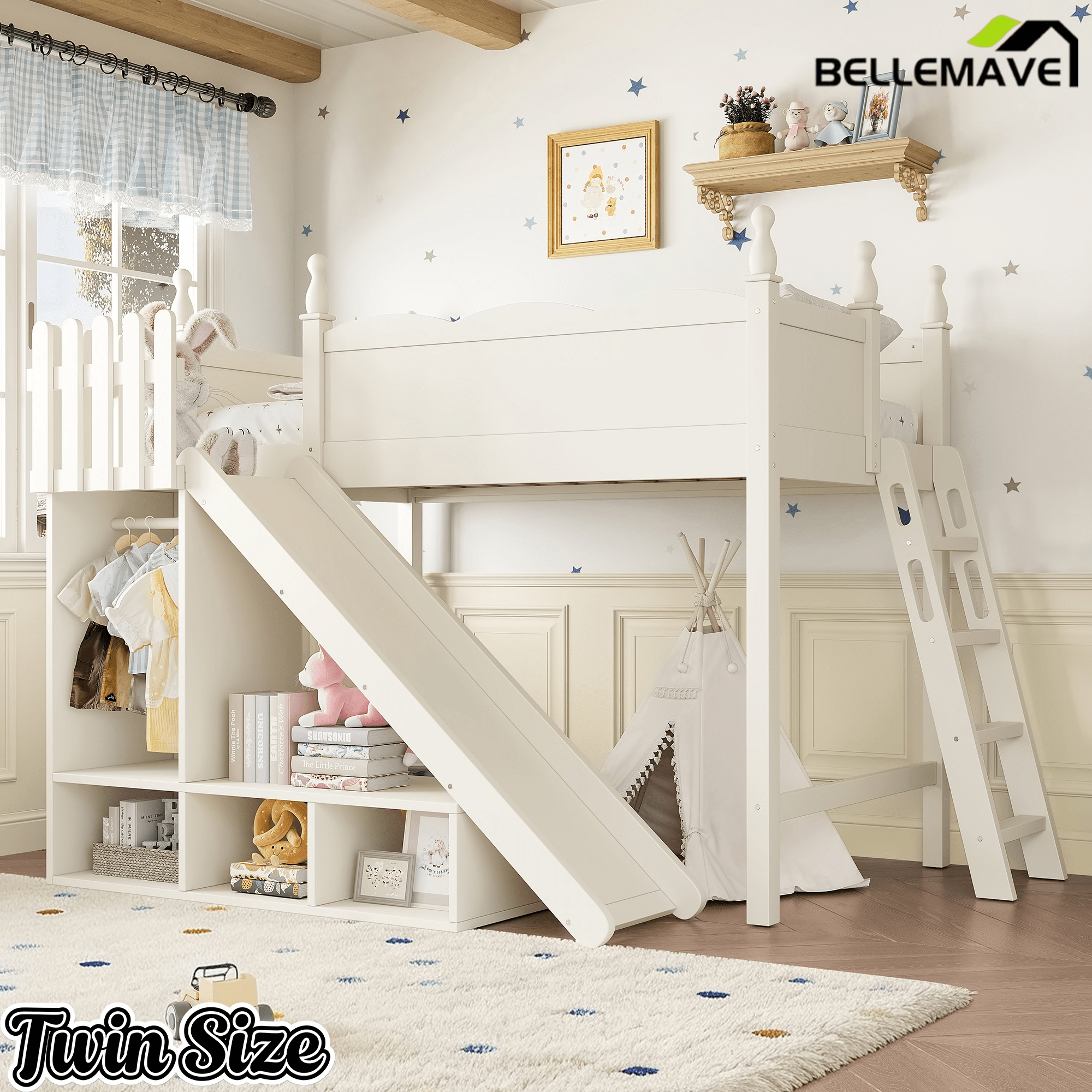 Bellemave® Kids Loft Bed with Storage Shelves & Wardrobe, Solid Wood Loft Bed Frame with Detachable Slide & Ladder for Girls & Boys - Bellemave