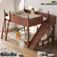 Bellemave® Kids Loft Bed with Storage Shelves & Wardrobe, Solid Wood Loft Bed Frame with Detachable Slide & Ladder for Girls & Boys - Bellemave