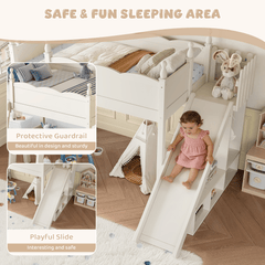 Bellemave® Kids Loft Bed with Storage Shelves & Wardrobe, Solid Wood Loft Bed Frame with Detachable Slide & Ladder for Girls & Boys - Bellemave