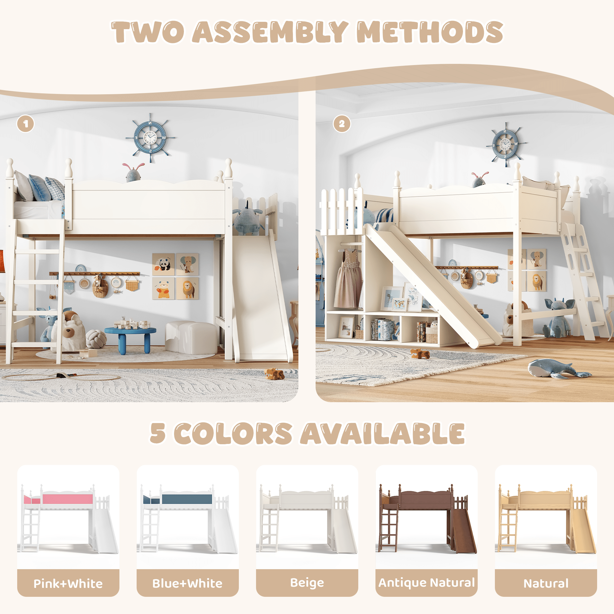 Bellemave® Kids Loft Bed with Storage Shelves & Wardrobe, Solid Wood Loft Bed Frame with Detachable Slide & Ladder for Girls & Boys - Bellemave