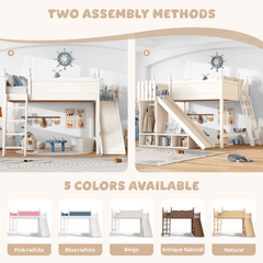 Bellemave® Kids Loft Bed with Storage Shelves & Wardrobe, Solid Wood Loft Bed Frame with Detachable Slide & Ladder for Girls & Boys - Bellemave
