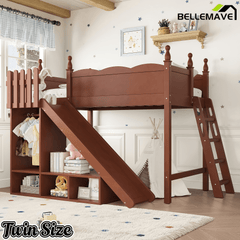 Bellemave® Kids Loft Bed with Storage Shelves & Wardrobe, Solid Wood Loft Bed Frame with Detachable Slide & Ladder for Girls & Boys - Bellemave