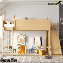 Bellemave® Kids Loft Bed with Storage Shelves & Wardrobe, Solid Wood Loft Bed Frame with Detachable Slide & Ladder for Girls & Boys - Bellemave
