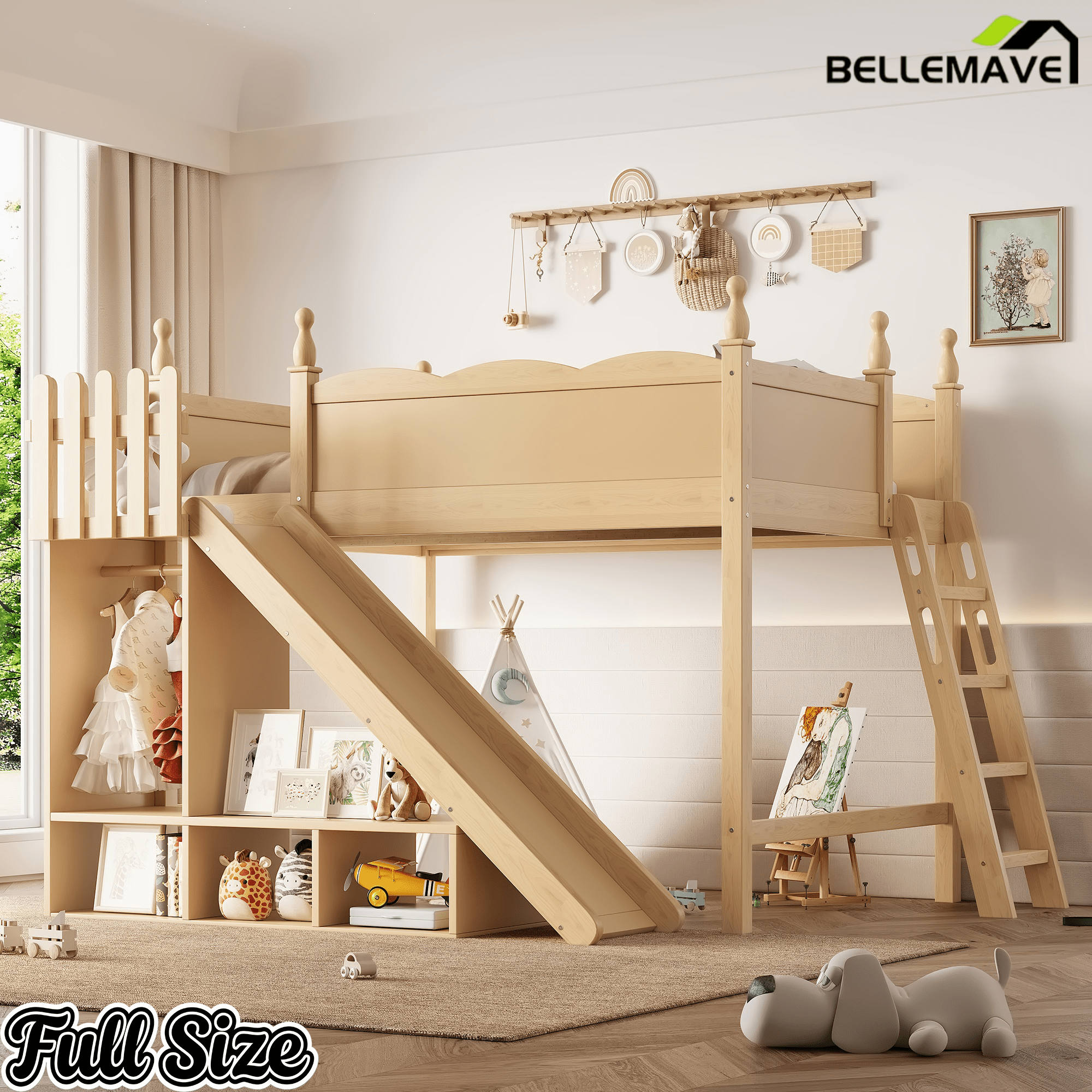 Bellemave® Kids Loft Bed with Storage Shelves & Wardrobe, Solid Wood Loft Bed Frame with Detachable Slide & Ladder for Girls & Boys - Bellemave