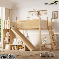 Bellemave® Kids Loft Bed with Storage Shelves & Wardrobe, Solid Wood Loft Bed Frame with Detachable Slide & Ladder for Girls & Boys - Bellemave