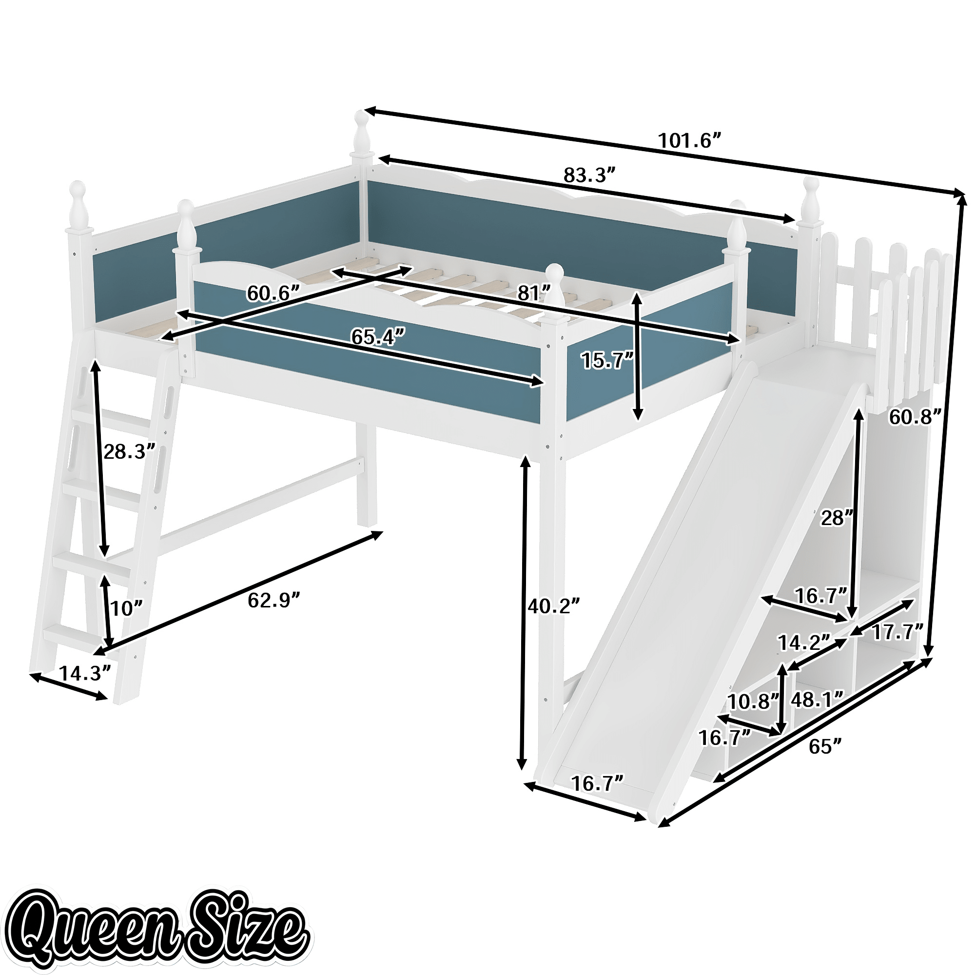 Bellemave® Kids Loft Bed with Storage Shelves & Wardrobe, Solid Wood Loft Bed Frame with Detachable Slide & Ladder for Girls & Boys - Bellemave