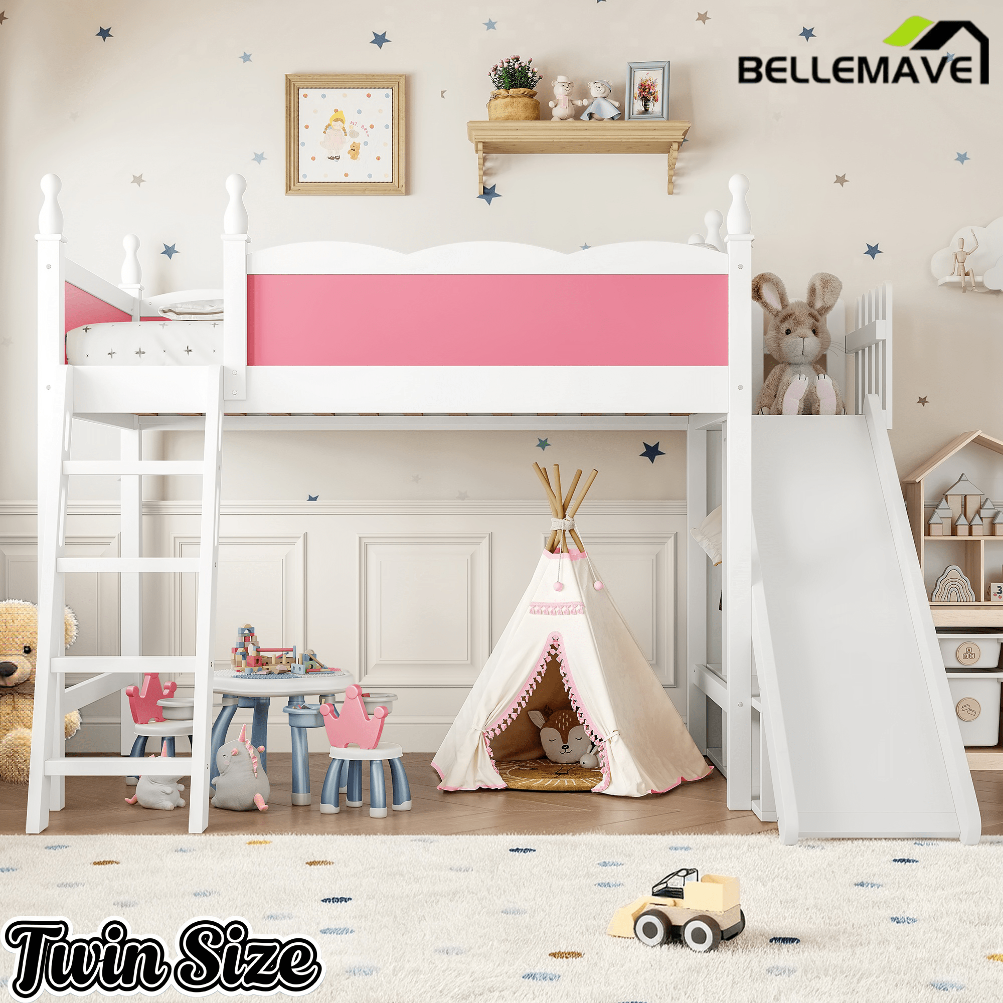 Bellemave® Kids Loft Bed with Storage Shelves & Wardrobe, Solid Wood Loft Bed Frame with Detachable Slide & Ladder for Girls & Boys - Bellemave