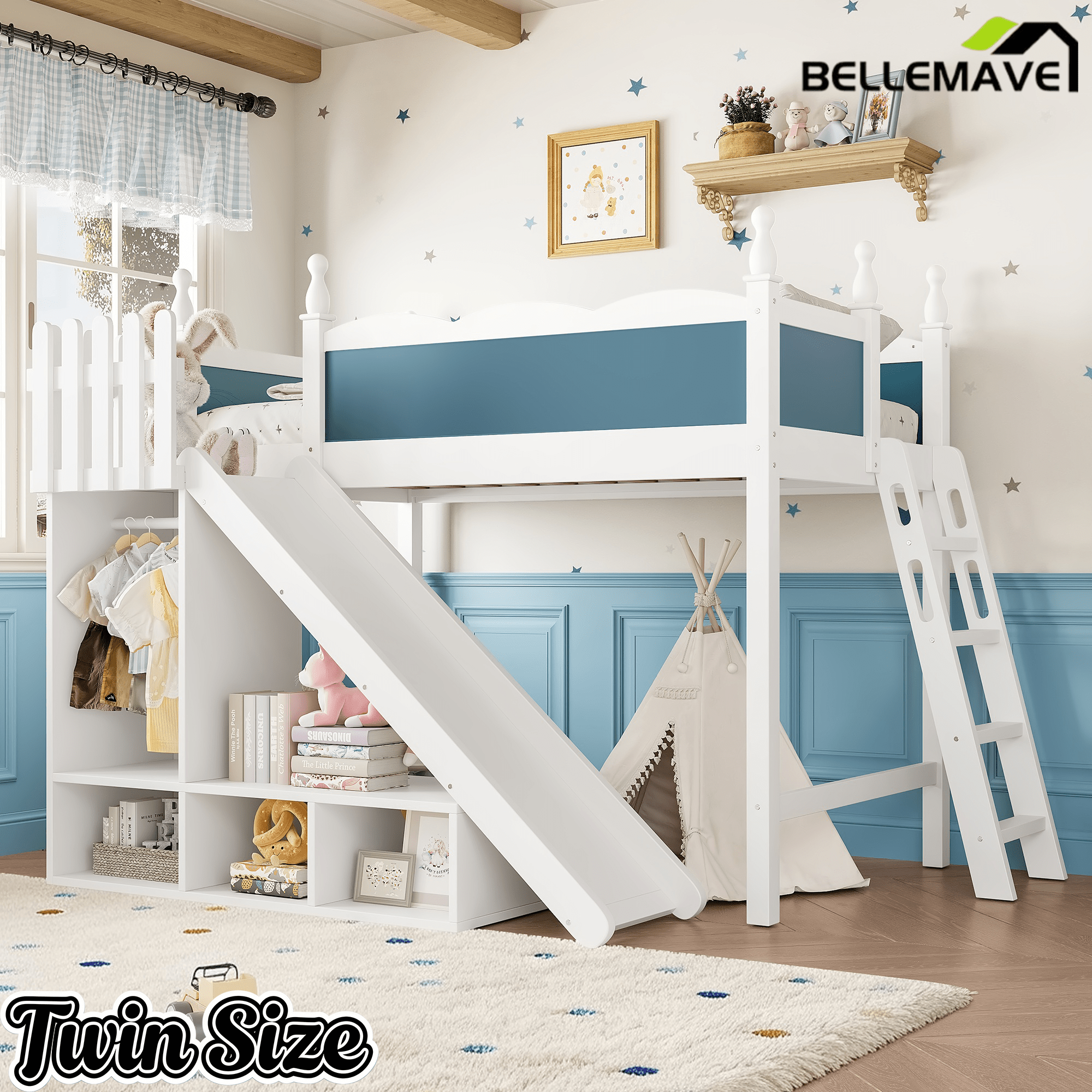 Bellemave® Kids Loft Bed with Storage Shelves & Wardrobe, Solid Wood Loft Bed Frame with Detachable Slide & Ladder for Girls & Boys - Bellemave