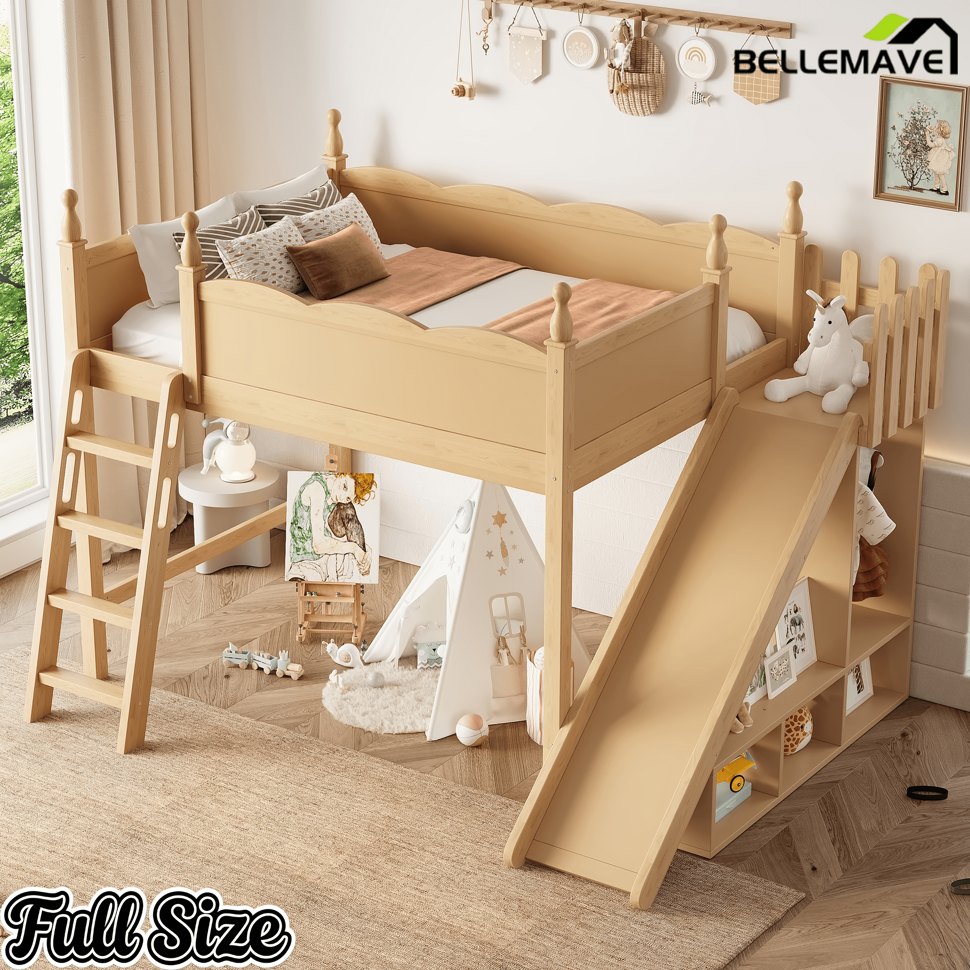 Bellemave® Kids Loft Bed with Storage Shelves & Wardrobe, Solid Wood Loft Bed Frame with Detachable Slide & Ladder for Girls & Boys - Bellemave