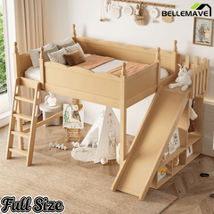 Bellemave® Kids Loft Bed with Storage Shelves & Wardrobe, Solid Wood Loft Bed Frame with Detachable Slide & Ladder for Girls & Boys - Bellemave