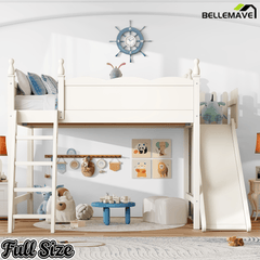 Bellemave® Kids Loft Bed with Storage Shelves & Wardrobe, Solid Wood Loft Bed Frame with Detachable Slide & Ladder for Girls & Boys - Bellemave