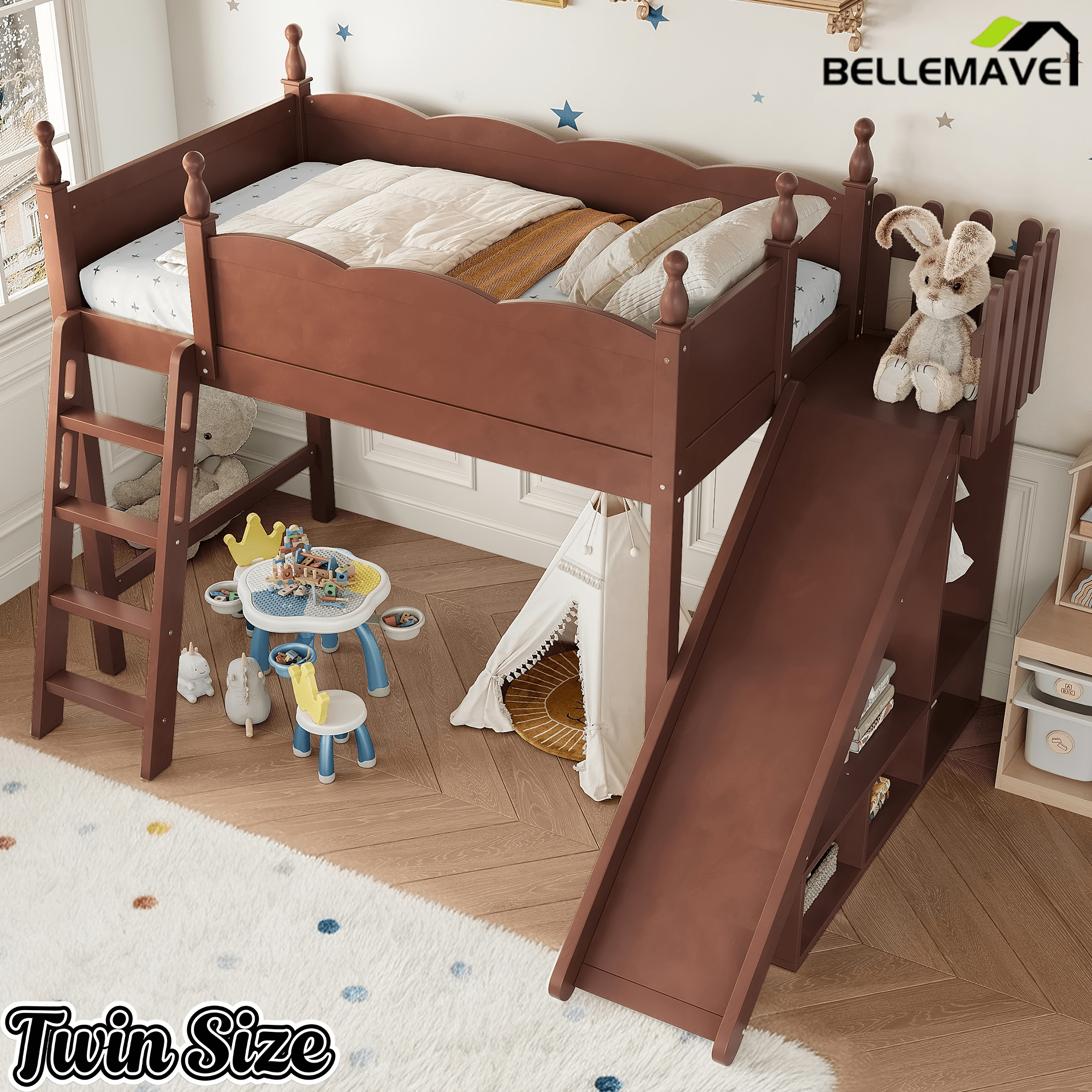 Bellemave® Kids Loft Bed with Storage Shelves & Wardrobe, Solid Wood Loft Bed Frame with Detachable Slide & Ladder for Girls & Boys - Bellemave