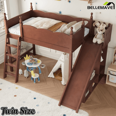 Bellemave® Kids Loft Bed with Storage Shelves & Wardrobe, Solid Wood Loft Bed Frame with Detachable Slide & Ladder for Girls & Boys - Bellemave