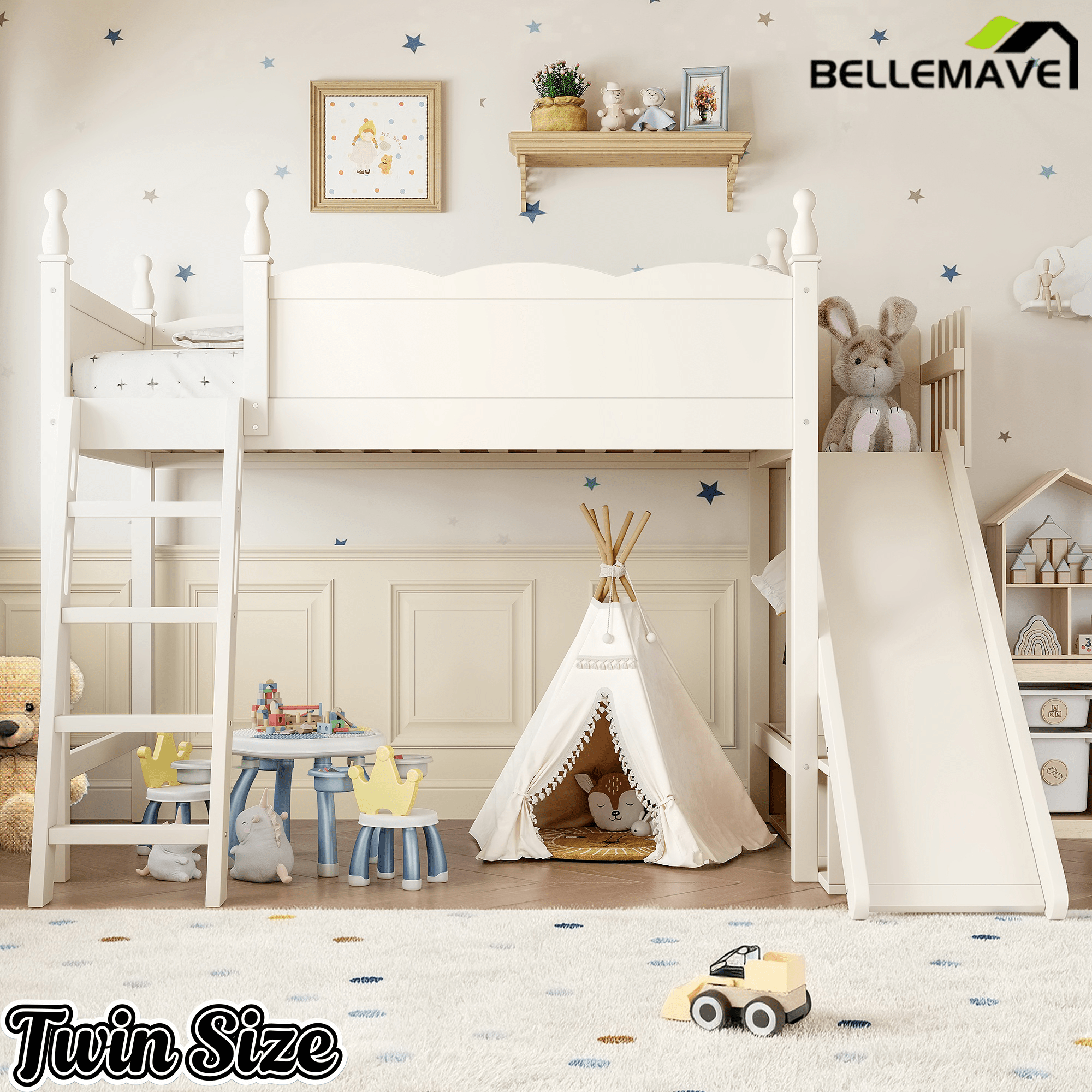 Bellemave® Kids Loft Bed with Storage Shelves & Wardrobe, Solid Wood Loft Bed Frame with Detachable Slide & Ladder for Girls & Boys - Bellemave