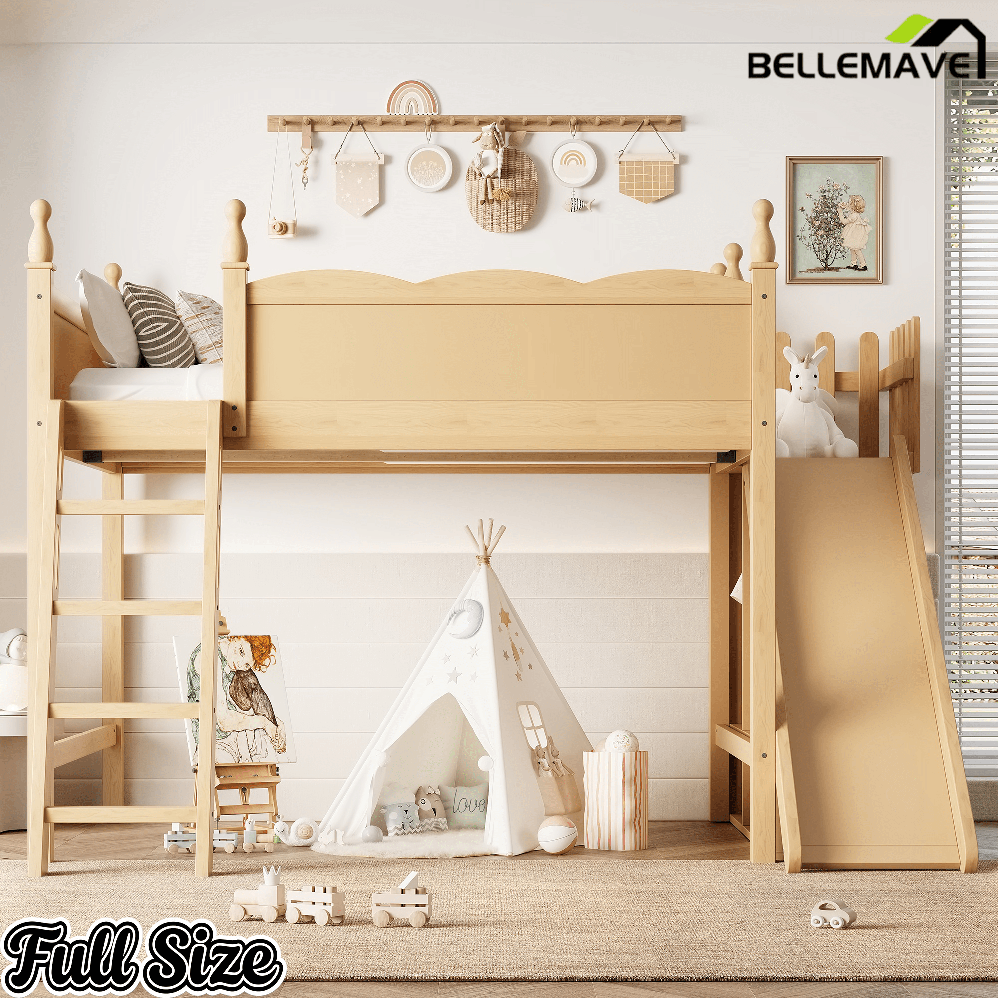 Bellemave® Kids Loft Bed with Storage Shelves & Wardrobe, Solid Wood Loft Bed Frame with Detachable Slide & Ladder for Girls & Boys - Bellemave