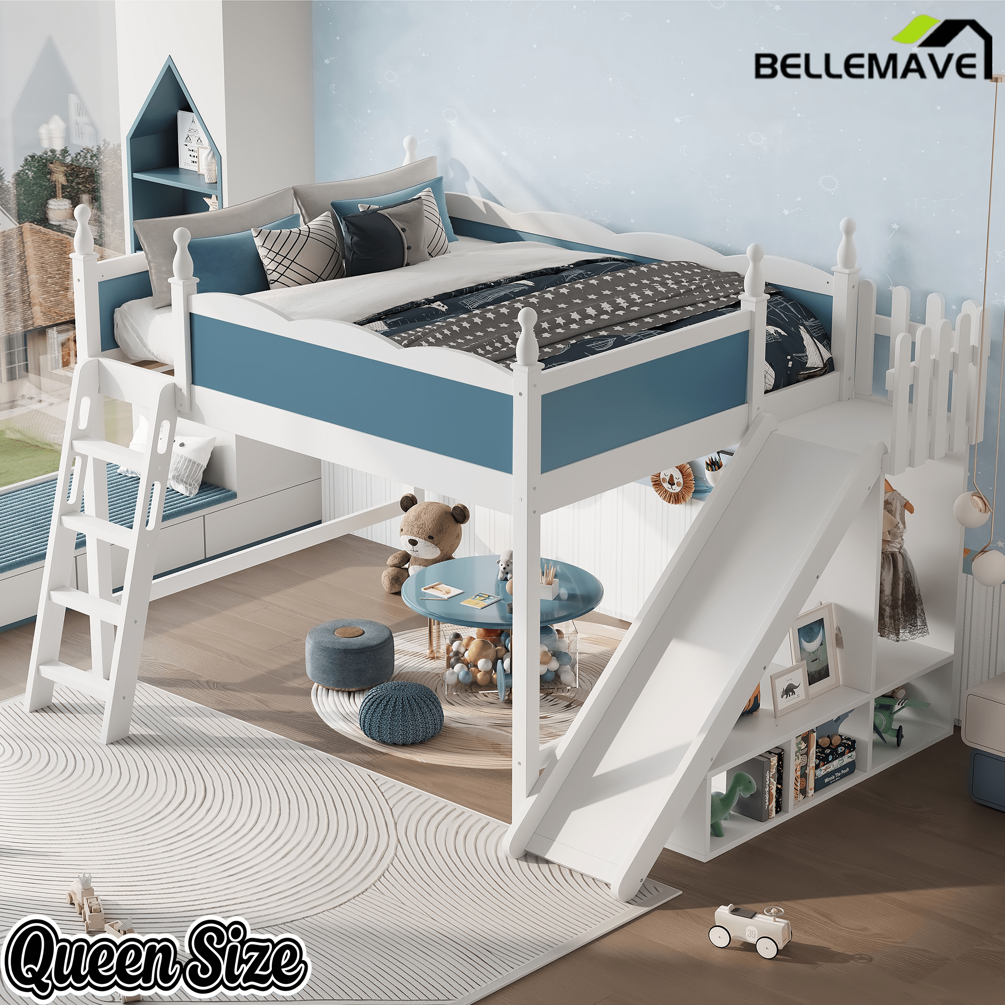 Bellemave® Kids Loft Bed with Storage Shelves & Wardrobe, Solid Wood Loft Bed Frame with Detachable Slide & Ladder for Girls & Boys - Bellemave