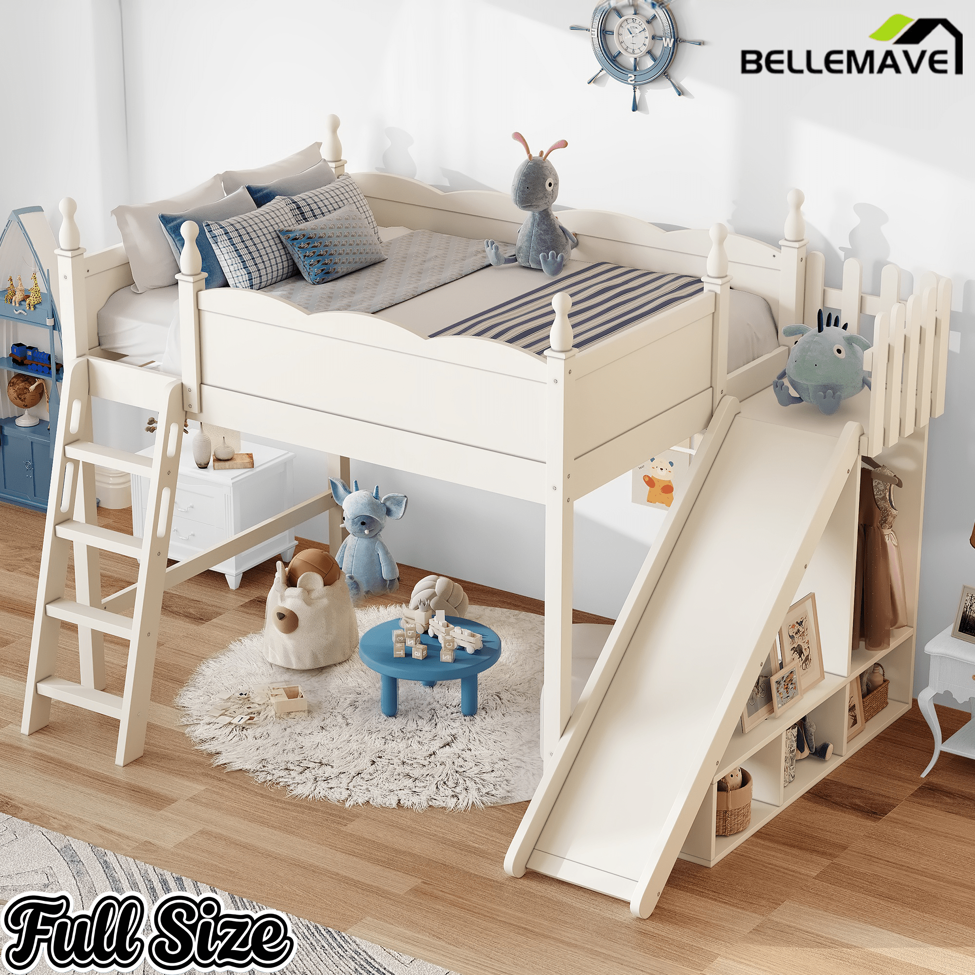 Bellemave® Kids Loft Bed with Storage Shelves & Wardrobe, Solid Wood Loft Bed Frame with Detachable Slide & Ladder for Girls & Boys - Bellemave