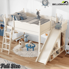 Bellemave® Kids Loft Bed with Storage Shelves & Wardrobe, Solid Wood Loft Bed Frame with Detachable Slide & Ladder for Girls & Boys - Bellemave