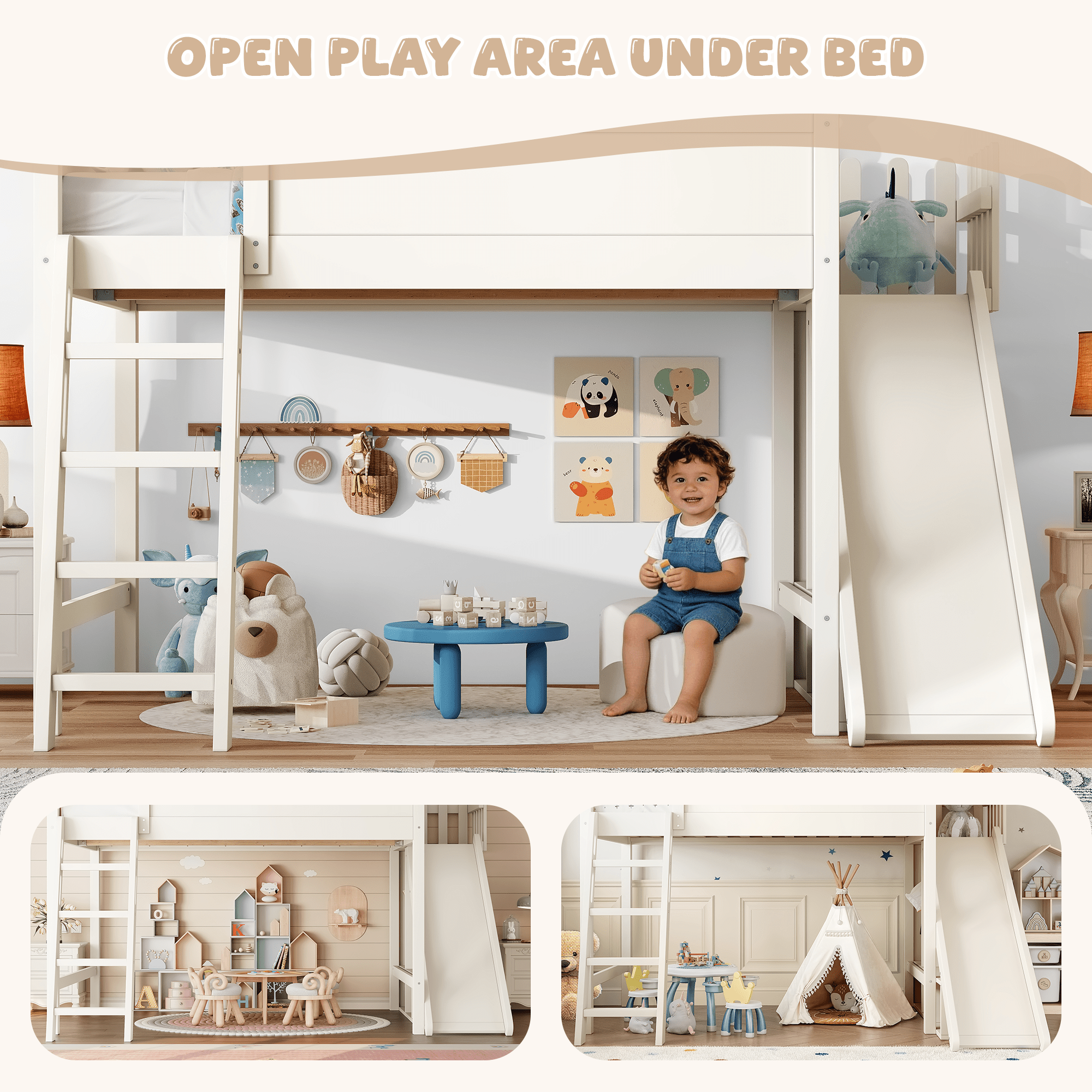 Bellemave® Kids Loft Bed with Storage Shelves & Wardrobe, Solid Wood Loft Bed Frame with Detachable Slide & Ladder for Girls & Boys - Bellemave