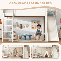 Bellemave® Kids Loft Bed with Storage Shelves & Wardrobe, Solid Wood Loft Bed Frame with Detachable Slide & Ladder for Girls & Boys - Bellemave