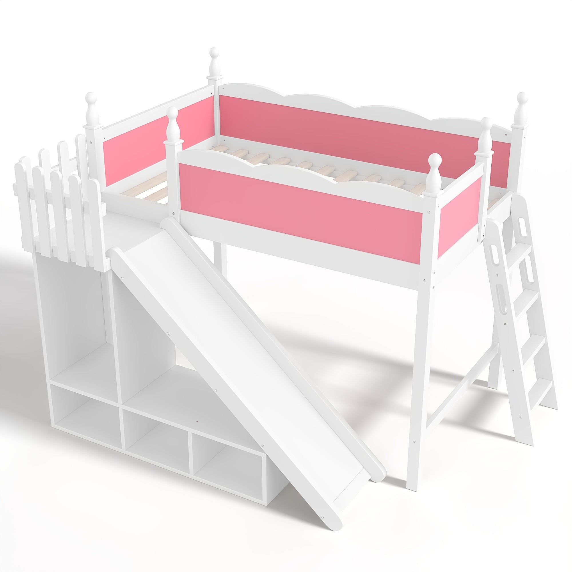 Bellemave® Kids Loft Bed with Storage Shelves & Wardrobe, Solid Wood Loft Bed Frame with Detachable Slide & Ladder for Girls & Boys - Bellemave